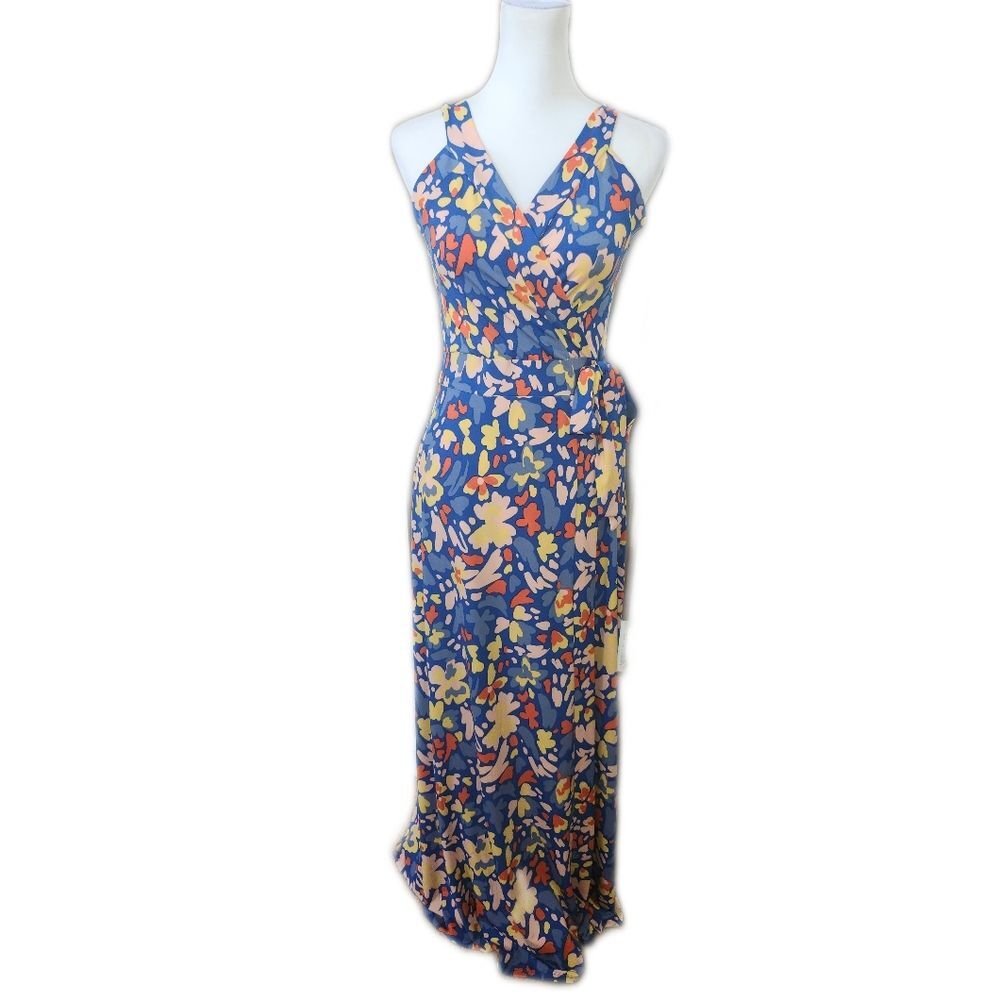 41 Hawthorn Blue Floral Maxi Dress V-Neck Sleeveless Tie Side Stretch, M